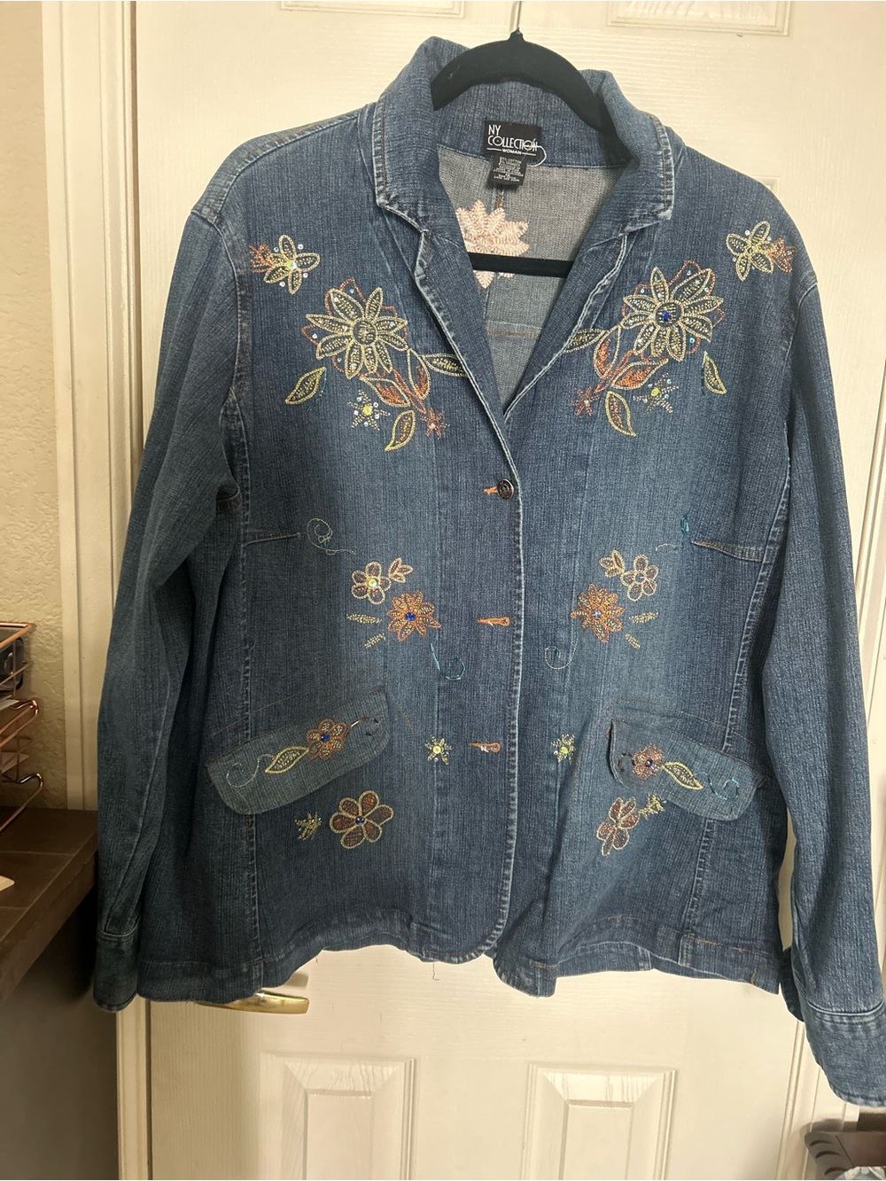 NY Collection Denim Jacket with Multicolor Floral Embroidery size 1X.